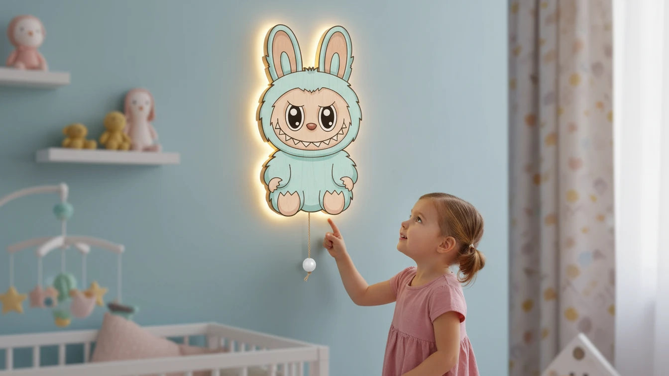 Labubu Pilli Led Işıklı 1 Adet Bebek Odası Ahşap Duvar Dekoru - Gece Lambası – kız çocuk elbisesi