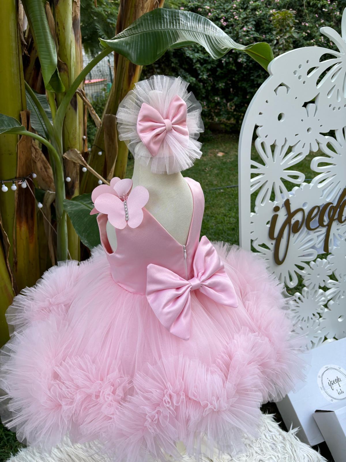 Pudra Pembe Kelebekli Kız Çocuk Abiye - Bebek Doğum Günü Elbisesi - ipeqakids – kız çocuk elbisesi