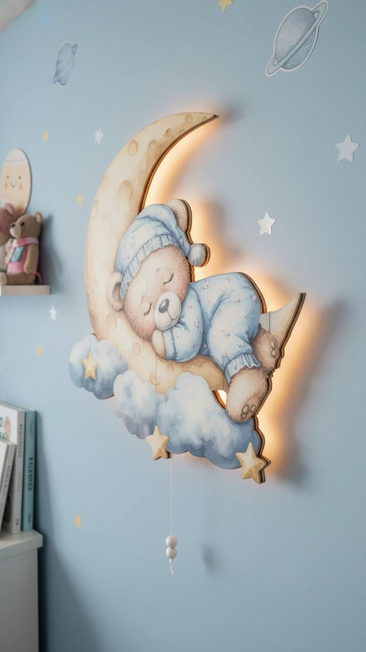 Uyuyan Ayıcık Pilli Led Işıklı Bebek Odası Ahşap Duvar Dekoru - Gece Lambası – kız çocuk elbisesi