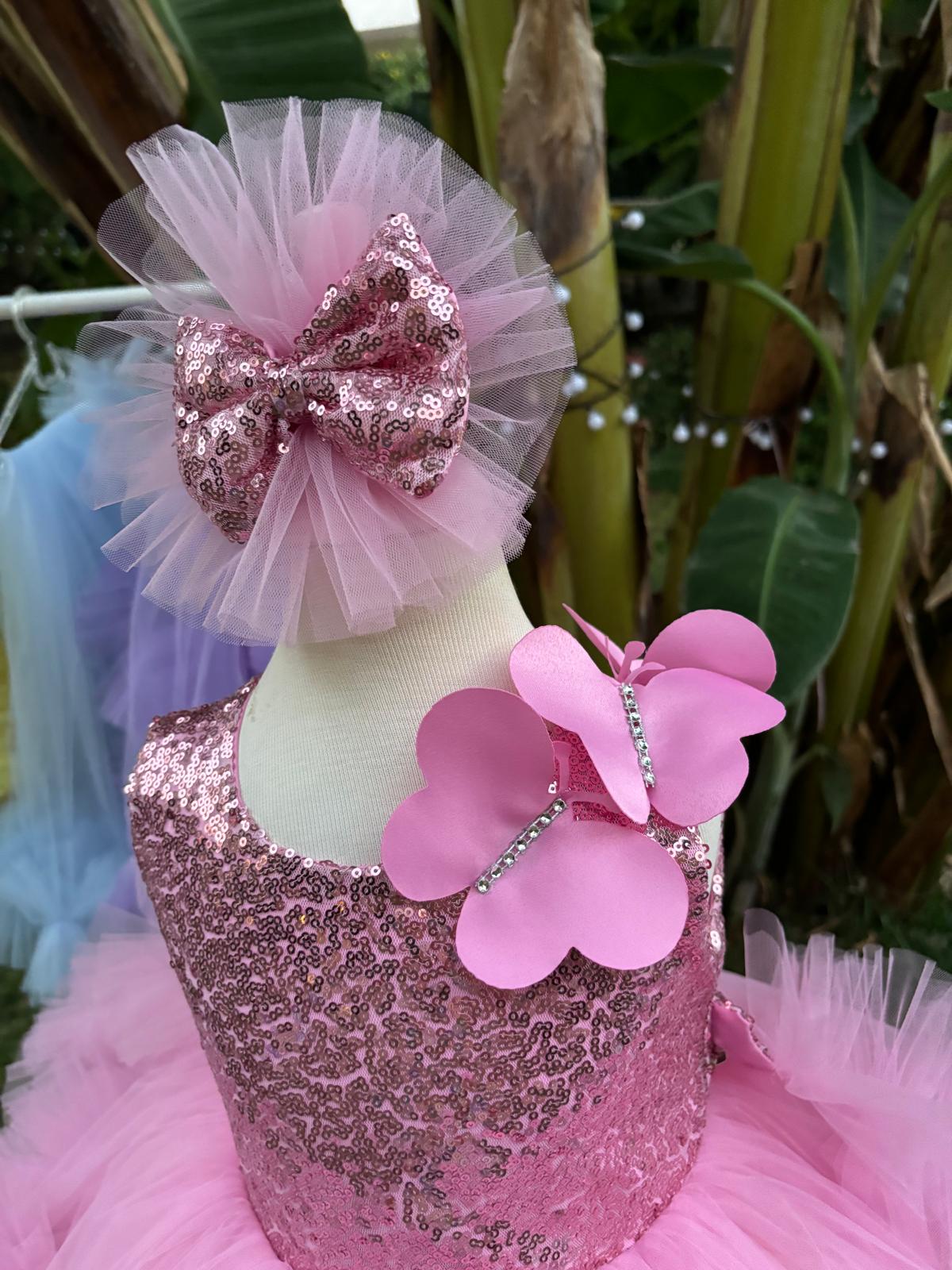 Pembe Kelebekli Kız Çocuk Abiye - Bebek Doğum Günü Elbisesi - ipeqakids – kız çocuk elbisesi