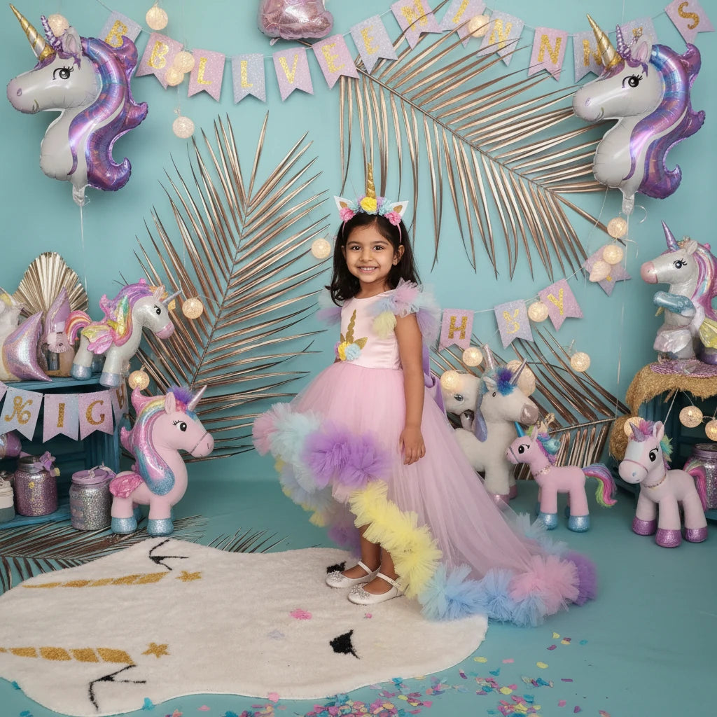Unicorn Temalı Uzun Kuyruklu Doğumgünü Parti Elbisesi - Bebek Parti Kostümü - ipeqakids – kız çocuk elbisesi