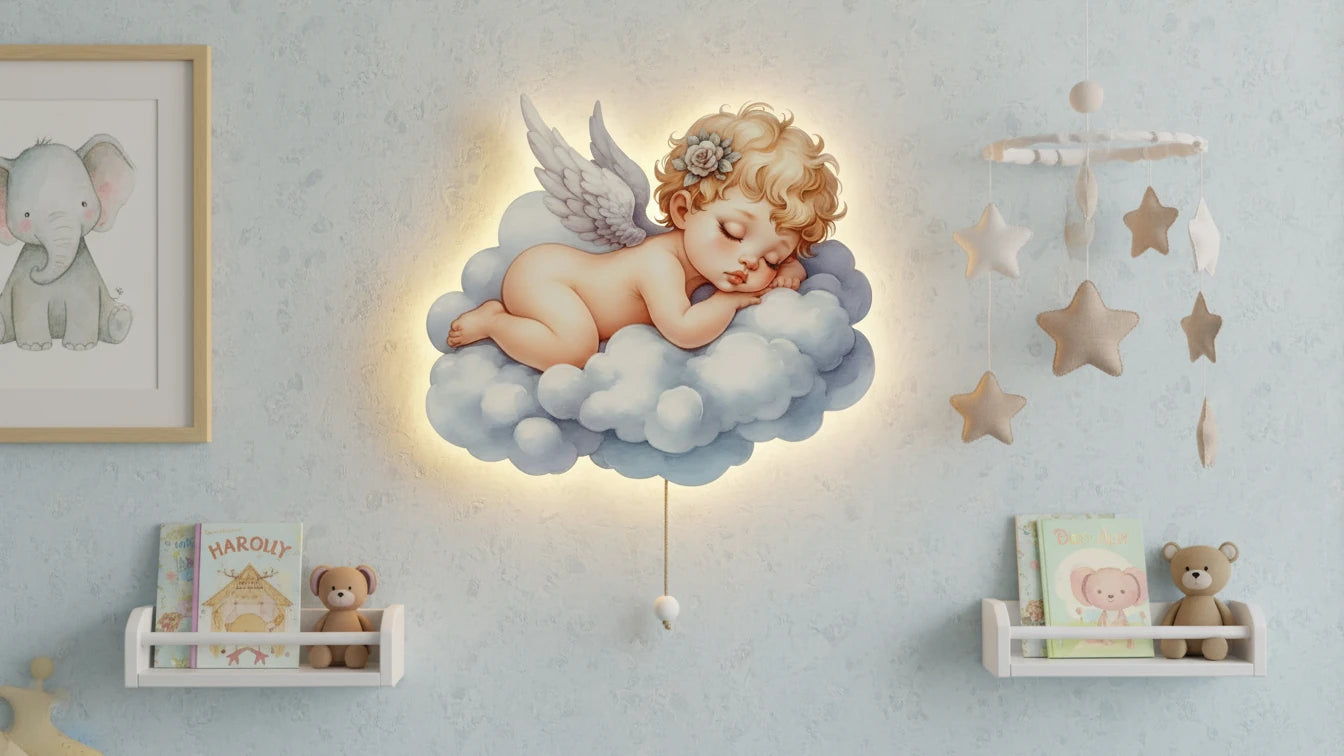 Bebek Melek Pilli Led Işıklı Ahşap Duvar Dekoru – kız çocuk elbisesi