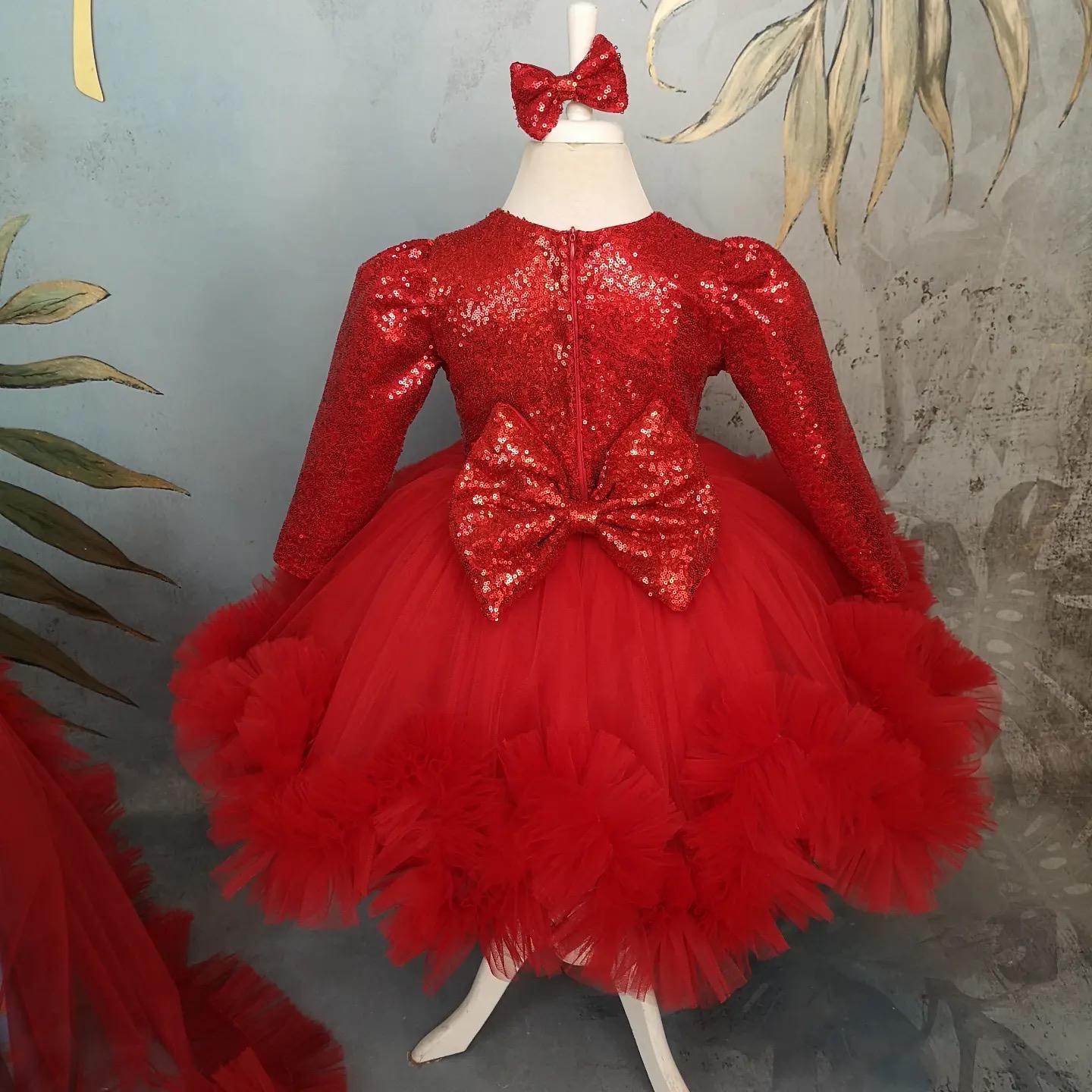 Kırmızı Payetli Uzun Kollu Yılbaşı - Kız Çocuk Abiye - Bebek Doğum Günü Elbisesi - ipeqakids – kız çocuk elbisesi