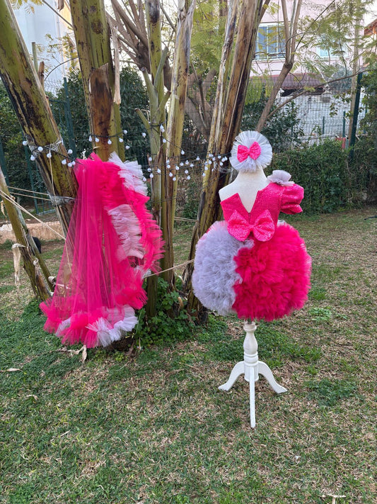 Fuşya Gri Tütülü Kız Çocuk Abiye - Bebek Parti Kostümü - ipeqakids – kız çocuk elbisesi
