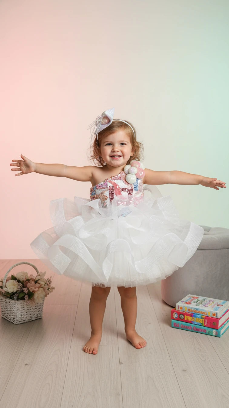 Beyaz Somon Ponponlu Kız Çocuk Abiye - Bebek Parti Kostümü - ipeqakids – kız çocuk elbisesi
