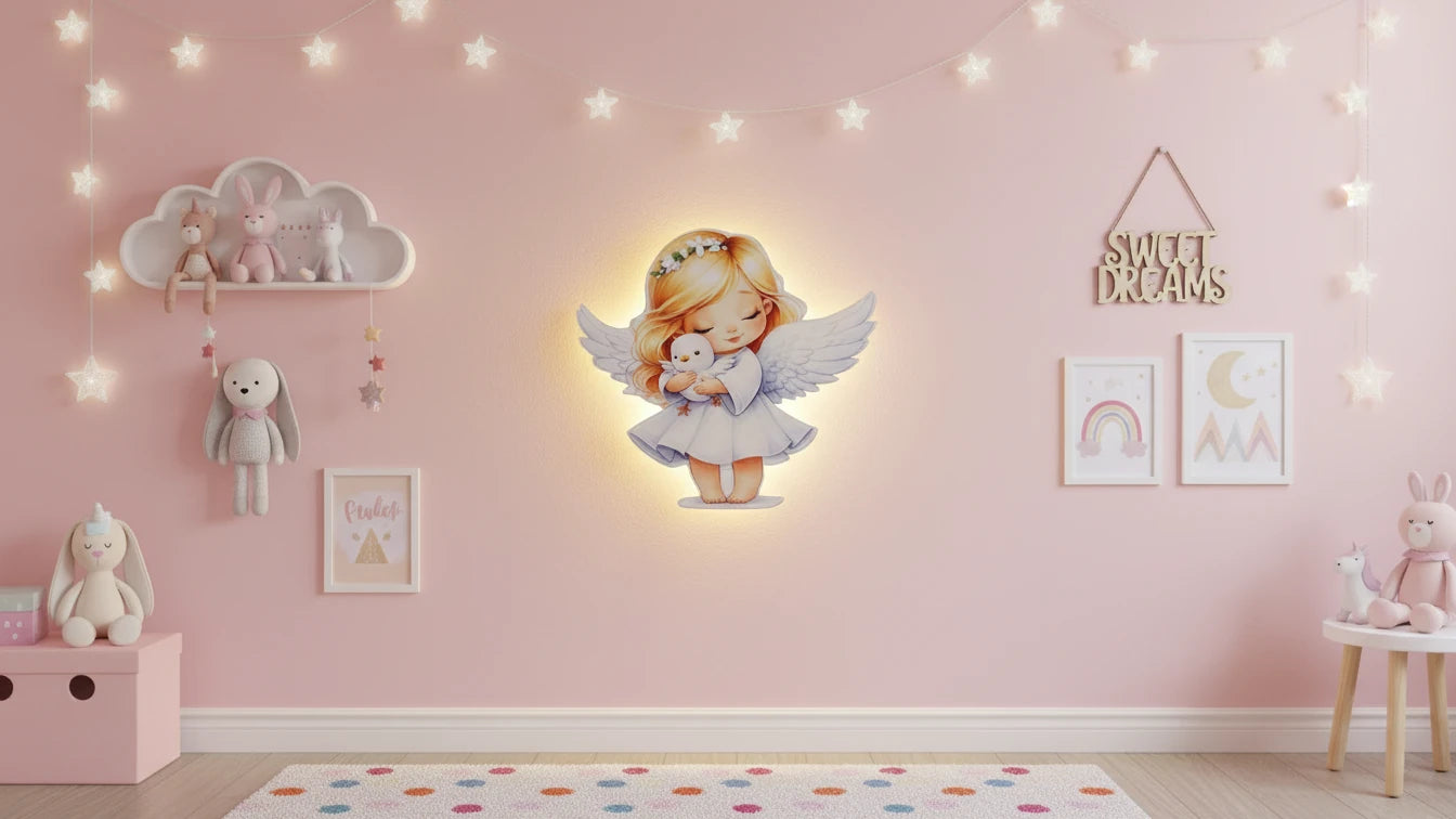 Melek Pilli Led Işıklı Ahşap Duvar Dekoru – kız çocuk elbisesi