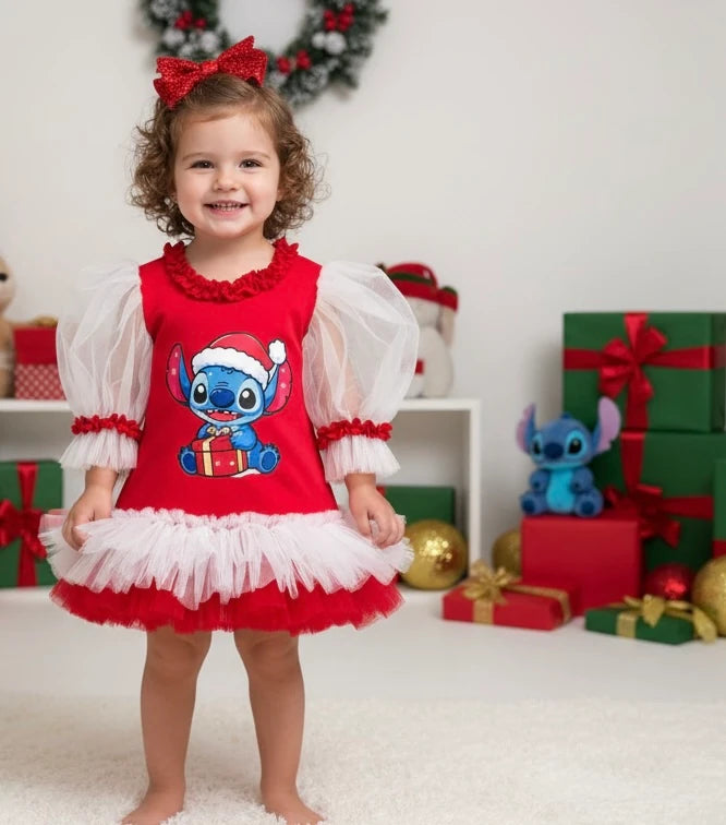 Yılbaşı Temalı Stitch Kırmızı Kız Çocuk Elbisesi - ipeqakids – kız çocuk elbisesi