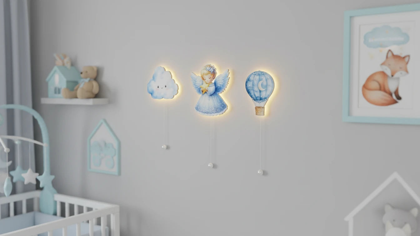 Melek Balon Bulut Seti Pilli Led Işıklı Bebek Odası Ahşap Duvar Dekoru - Gece Lambası – kız çocuk elbisesi