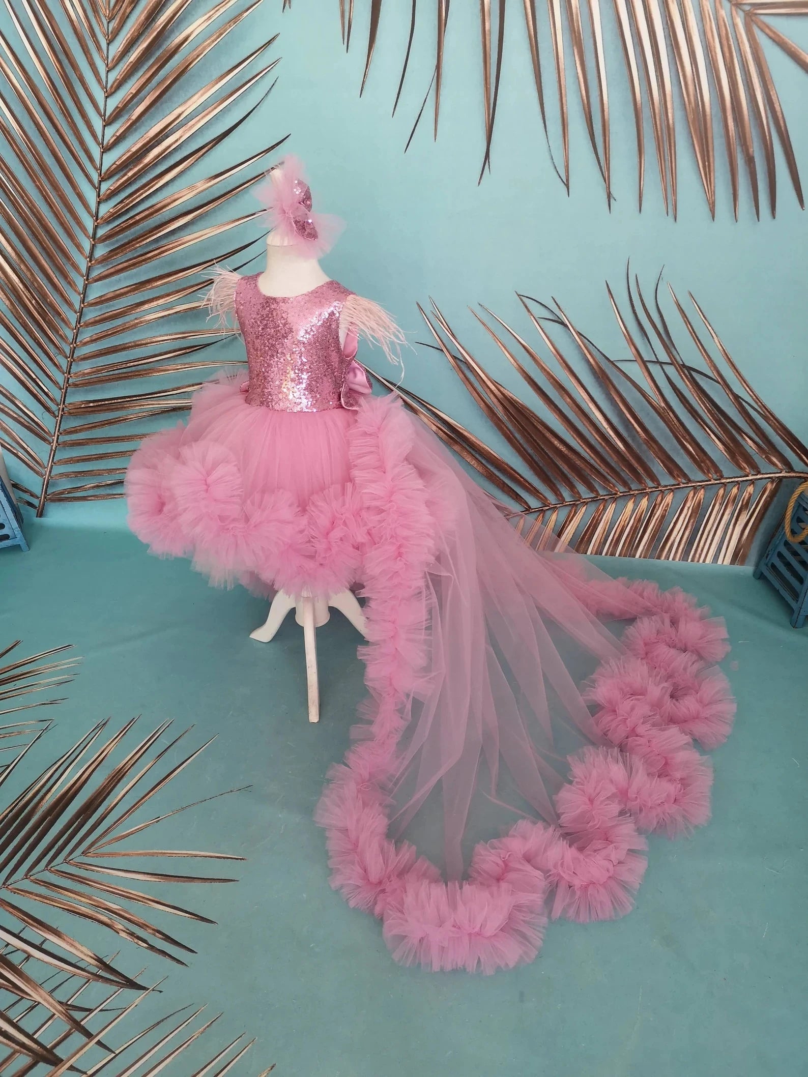 Pembe Kız Çocuk Abiye - Bebek Parti Elbisesi - Kuyruk Seçeneği – kız çocuk elbisesi
