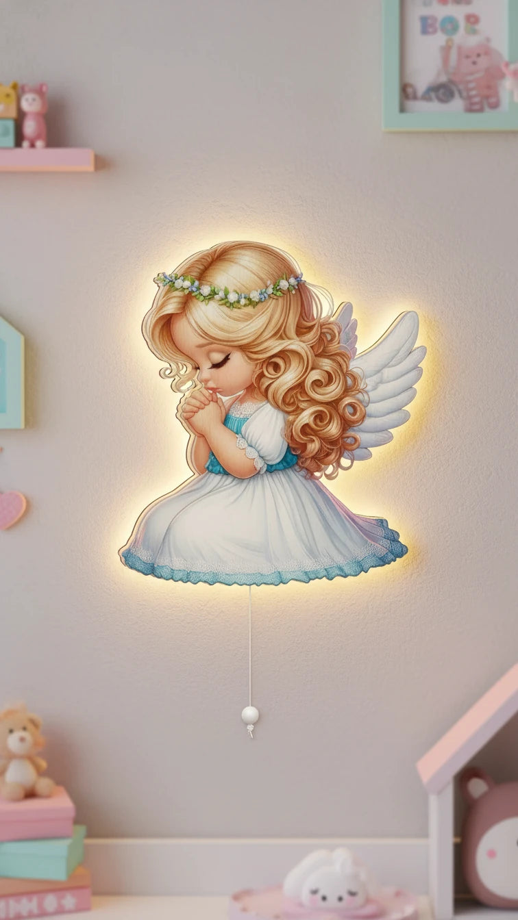 Melek Pilli Led Işıklı Ahşap Duvar Dekoru – kız çocuk elbisesi