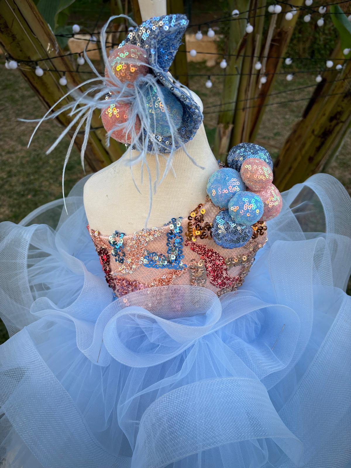 Mavi Somon Ponponlu Kız Çocuk Abiye - Bebek Parti Kostümü - ipeqakids – kız çocuk elbisesi