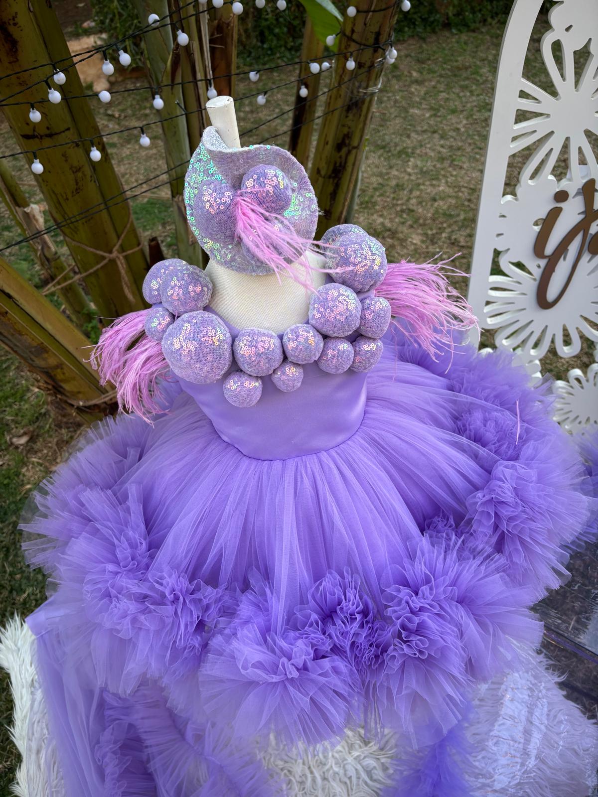 Lila Ponponlu Kız Çocuk Abiye - Bebek Parti Kostümü - ipeqakids – kız çocuk elbisesi