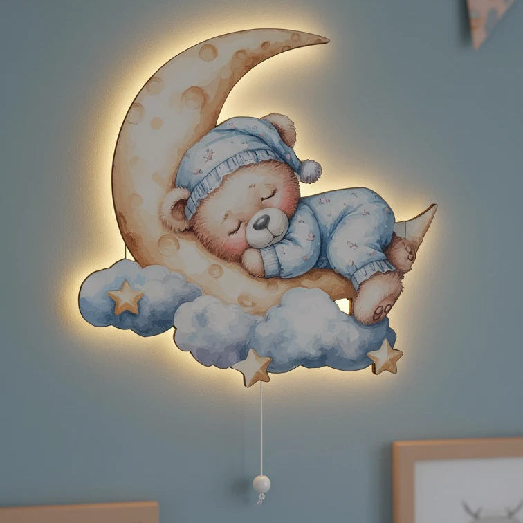 Uyuyan Ayıcık Pilli Led Işıklı Bebek Odası Ahşap Duvar Dekoru - Gece Lambası – kız çocuk elbisesi
