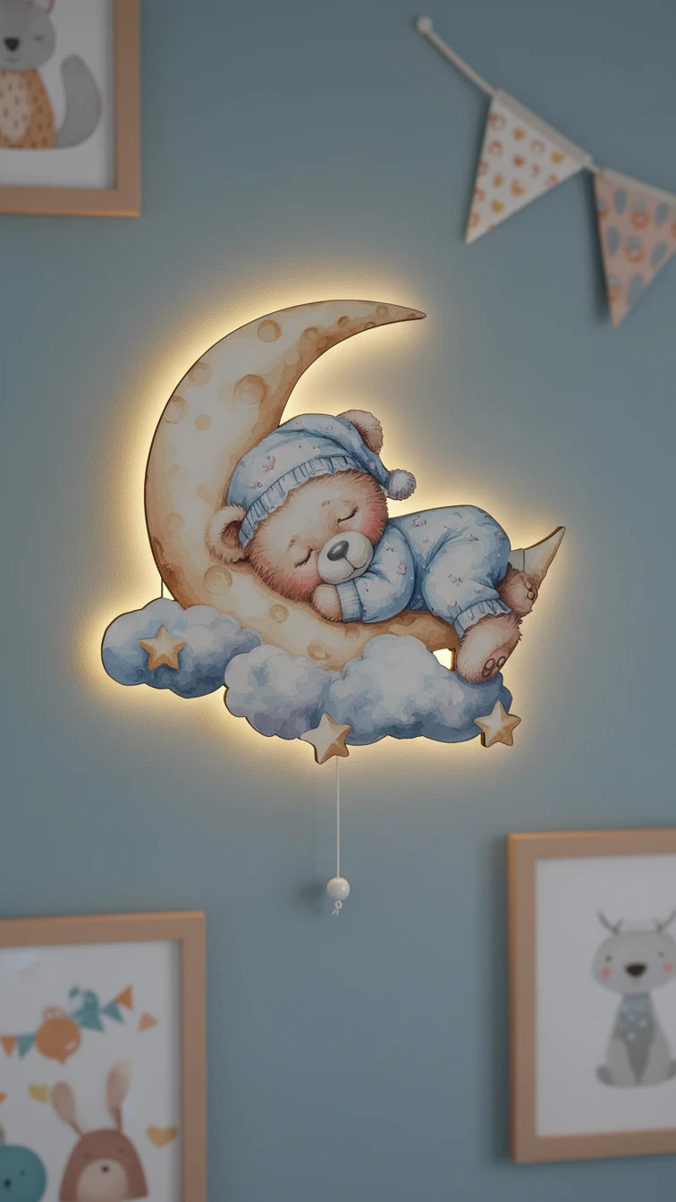 Uyuyan Ayıcık Pilli Led Işıklı Bebek Odası Ahşap Duvar Dekoru - Gece Lambası – kız çocuk elbisesi