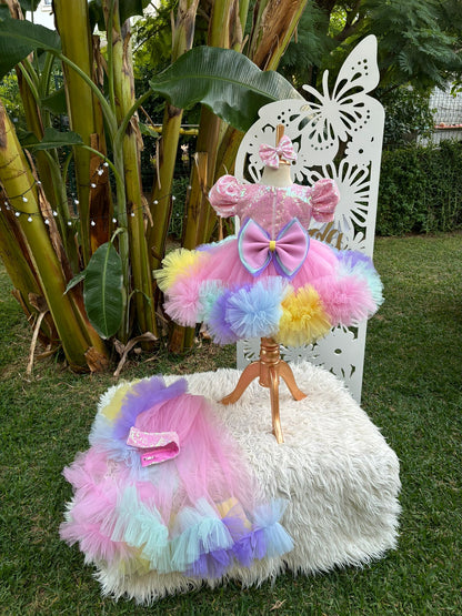 Pembe Payetli Unicorn Temalı Kız Çocuk Abiye - Bebek Doğum Günü Elbisesi - ipeqakids – kız çocuk elbisesi