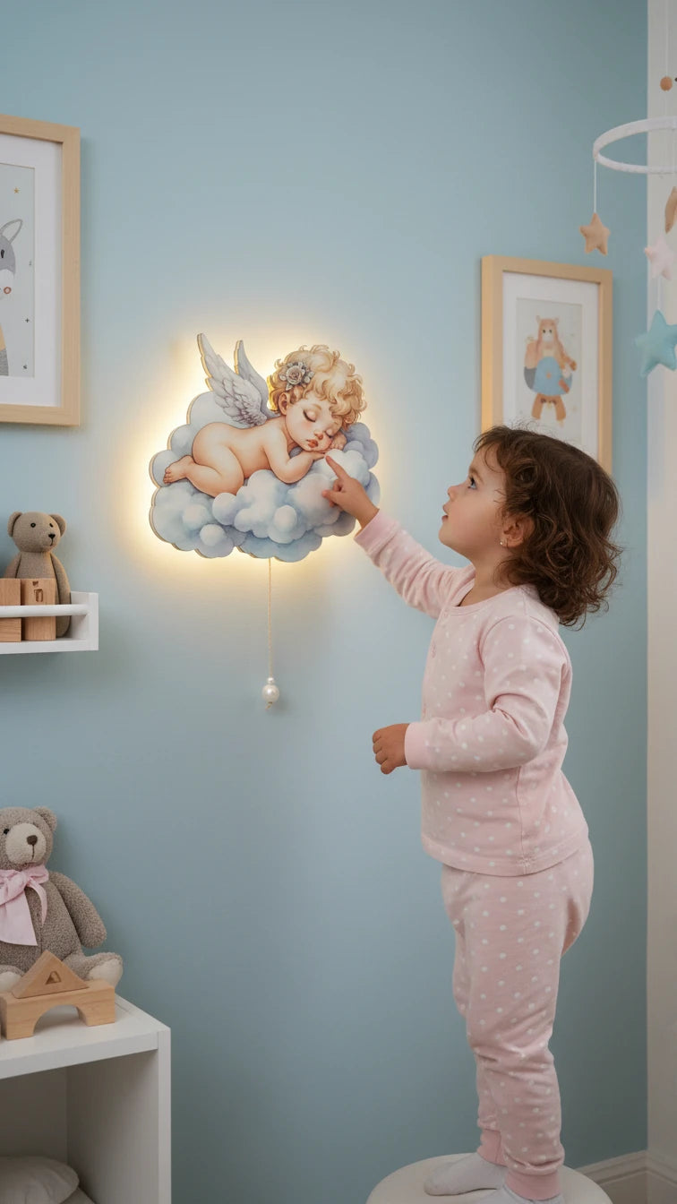 Bebek Melek Pilli Led Işıklı Ahşap Duvar Dekoru – kız çocuk elbisesi