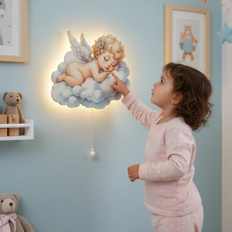 Bebek Melek Pilli Led Işıklı Ahşap Duvar Dekoru – kız çocuk elbisesi