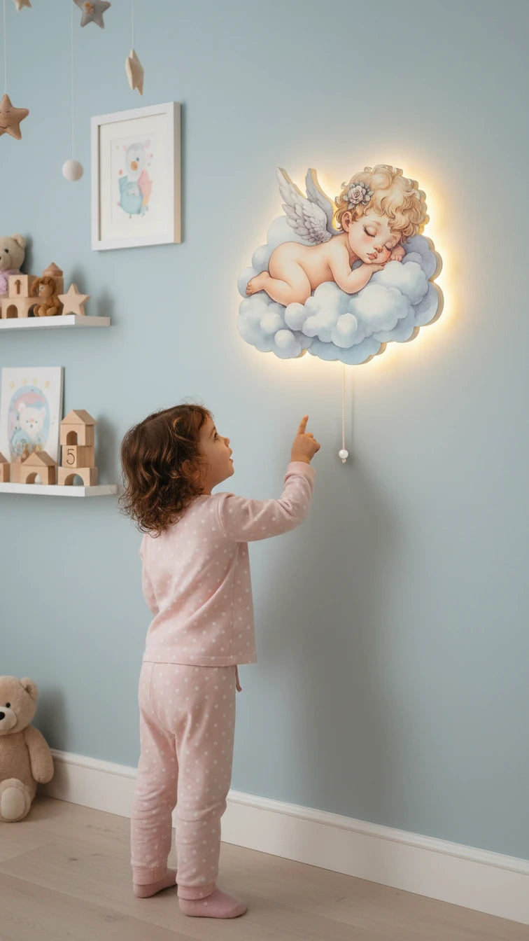 Bebek Melek Pilli Led Işıklı Ahşap Duvar Dekoru – kız çocuk elbisesi