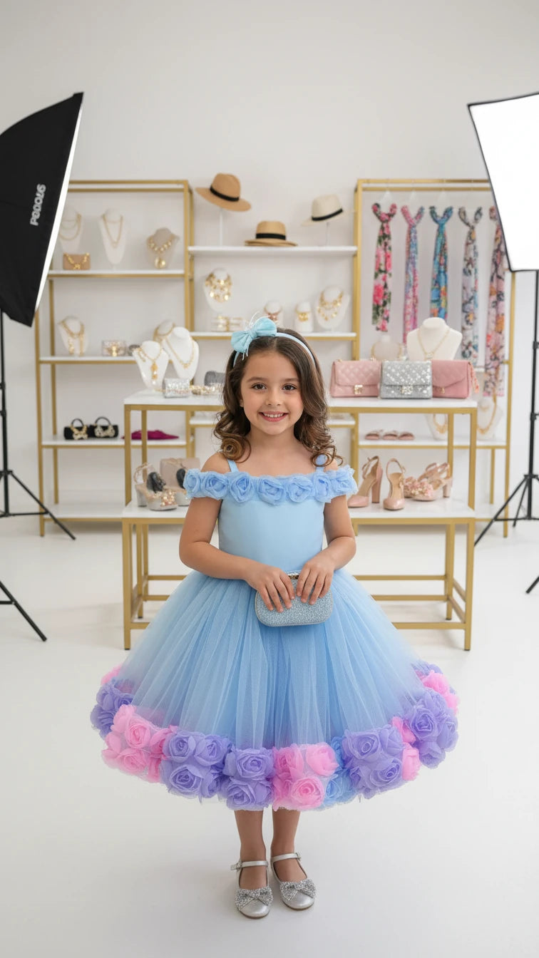 Bebe Mavi Güllü Kız Çocuk Abiye - Bebek Doğum Günü Elbisesi - ipeqakids – kız çocuk elbisesi