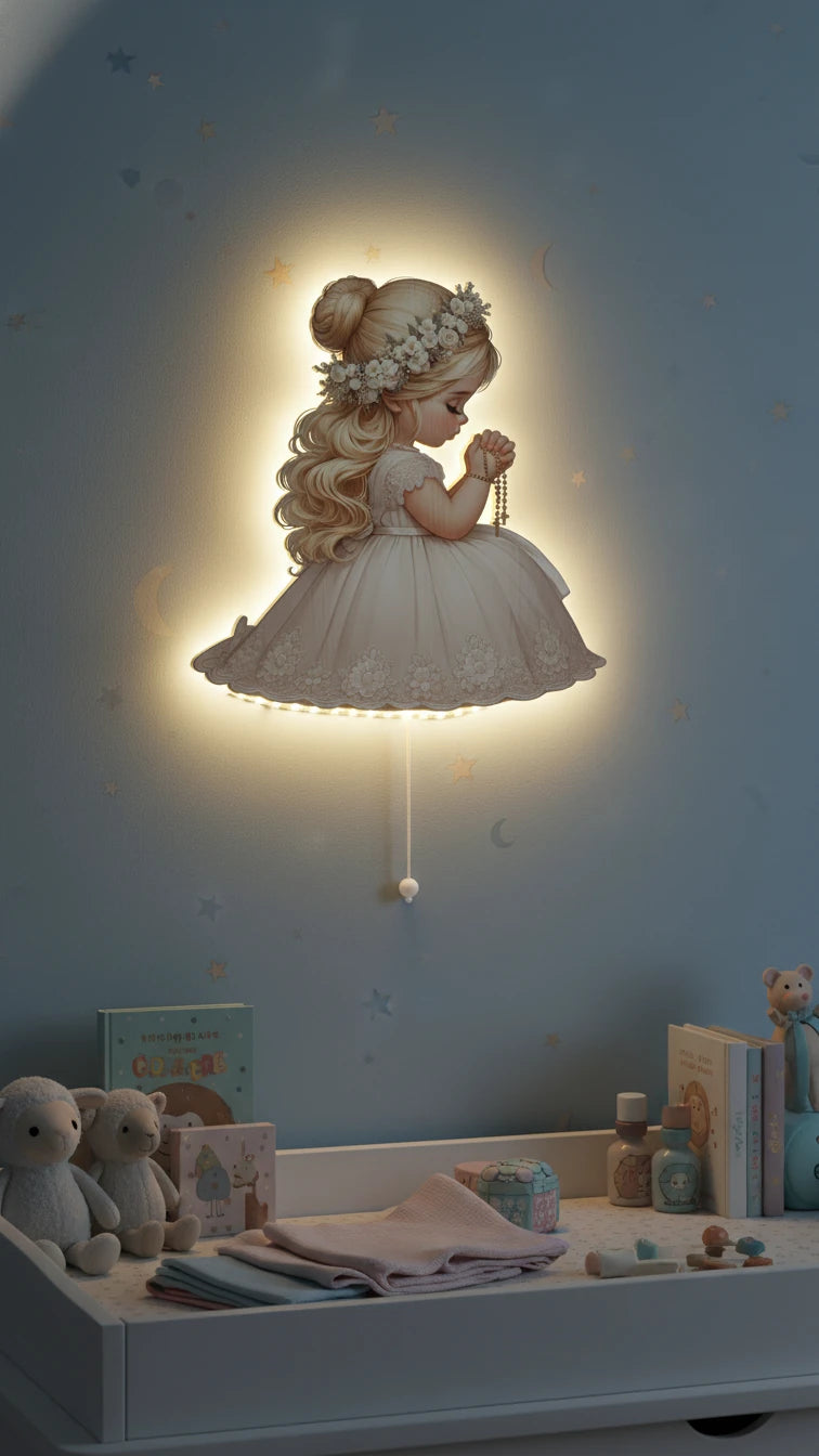 Melek Pilli Led Işıklı Ahşap Duvar Dekoru – kız çocuk elbisesi