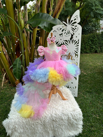 Pembe Payetli Unicorn Temalı Kız Çocuk Abiye - Bebek Doğum Günü Elbisesi - ipeqakids – kız çocuk elbisesi