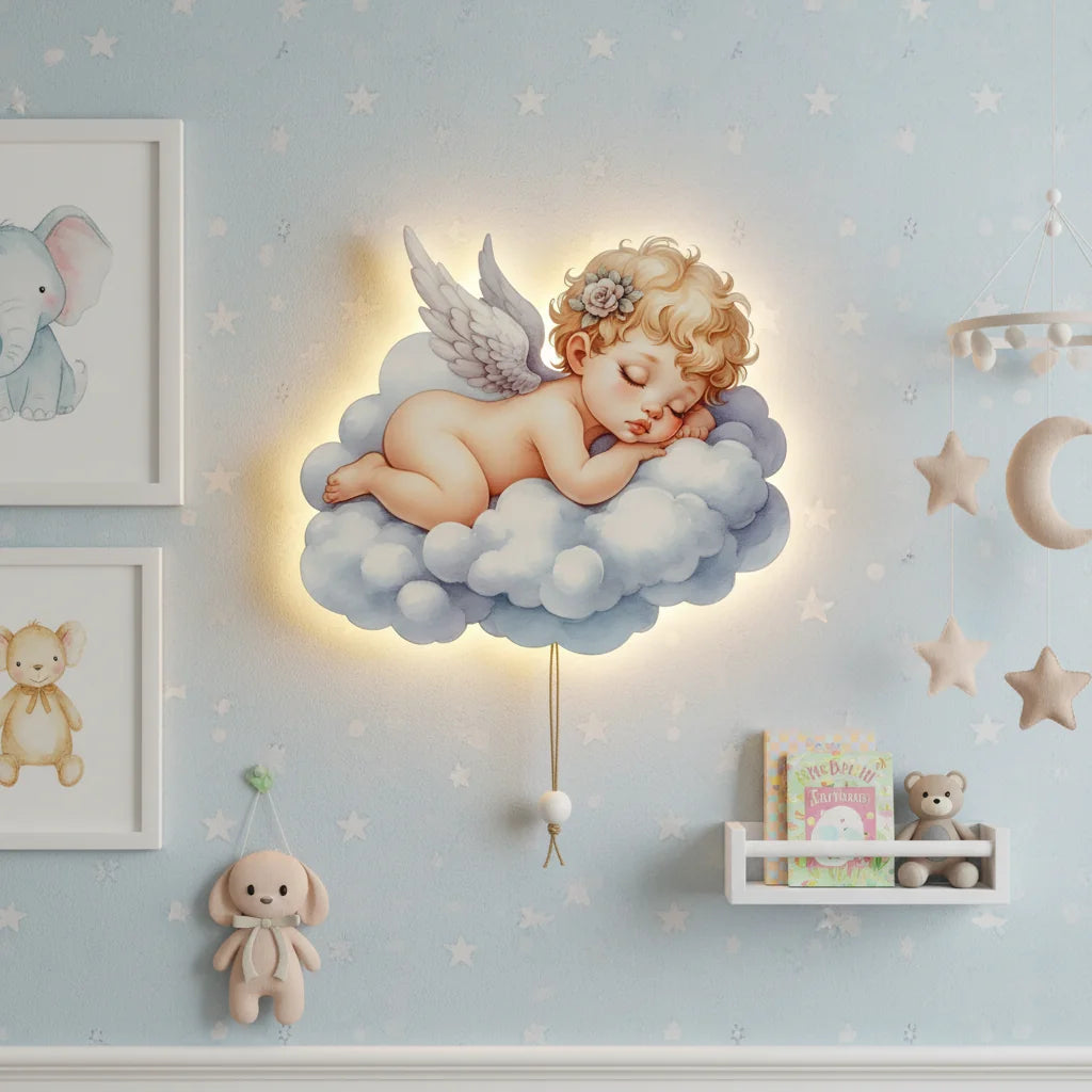 Bebek Melek Pilli Led Işıklı Ahşap Duvar Dekoru – kız çocuk elbisesi