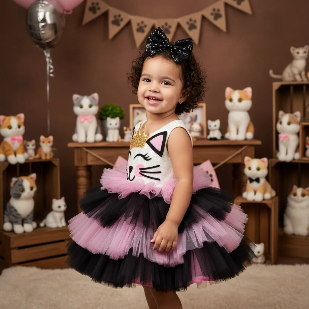Kedili Kız Çocuk Doğumgünü Elbisesi - Bebek Parti Kostümü - ipeqakids – kız çocuk elbisesi