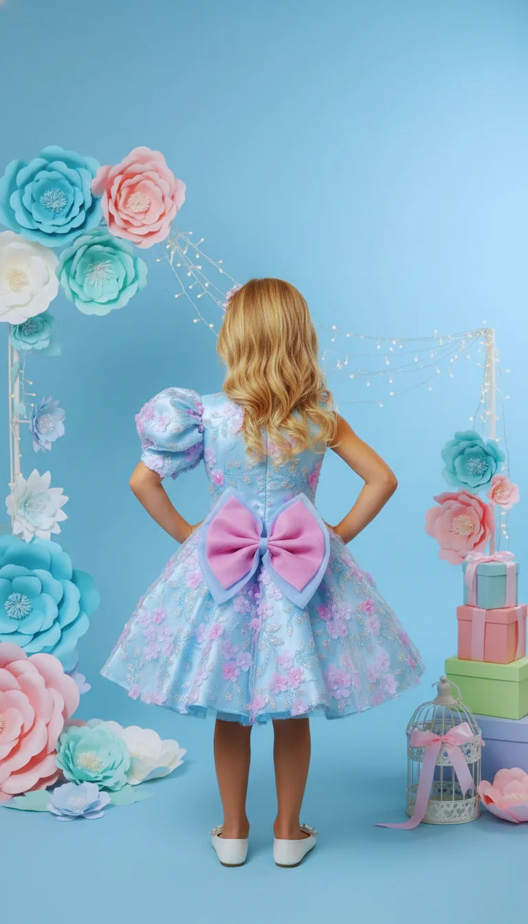 Bebe Mavi Çiçekli Tek Kol Kız Çocuk Abiye - Bebek Doğum Günü Elbisesi - ipeqakids – kız çocuk elbisesi