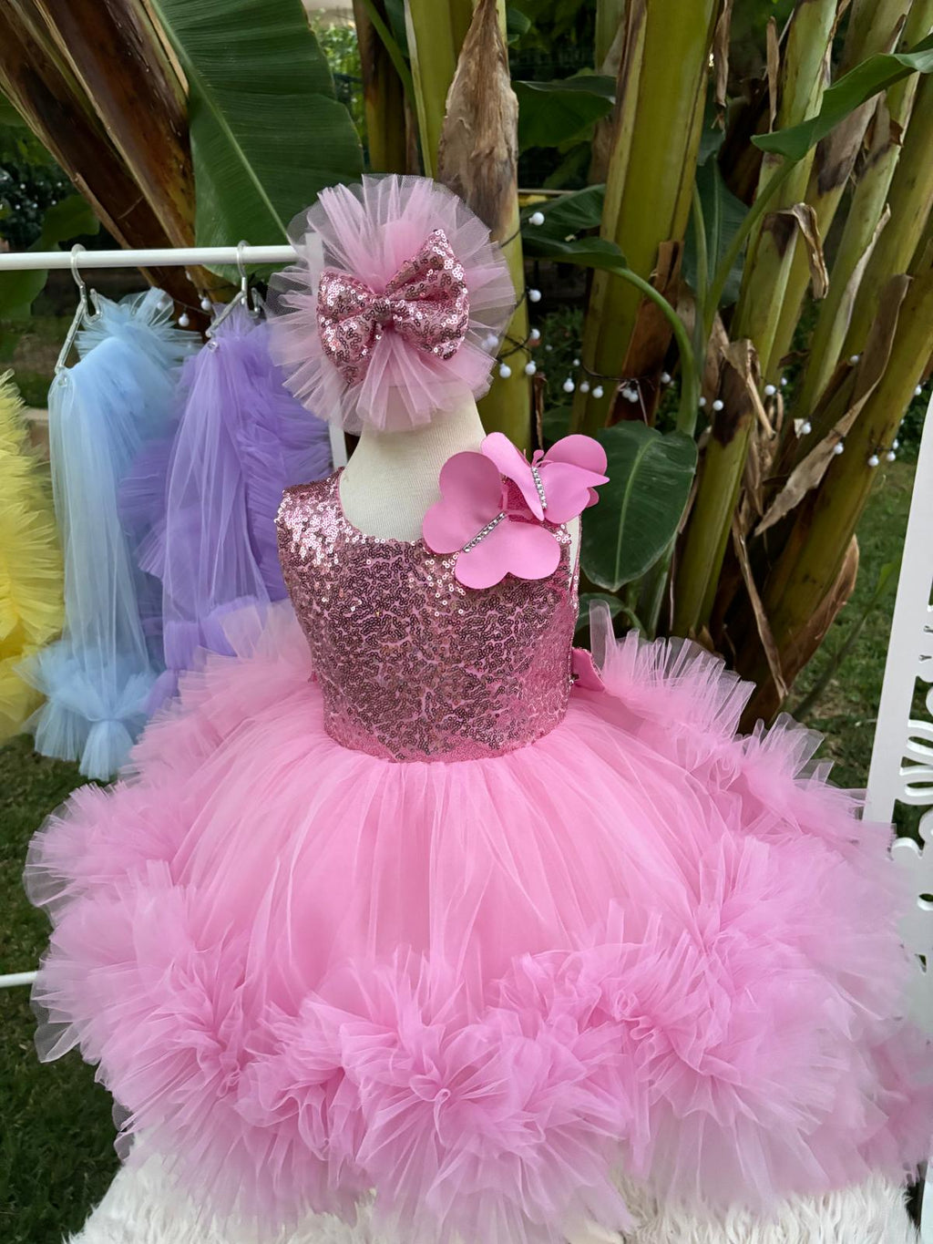 Pembe Kelebekli Kız Çocuk Abiye - Bebek Doğum Günü Elbisesi - ipeqakids – kız çocuk elbisesi