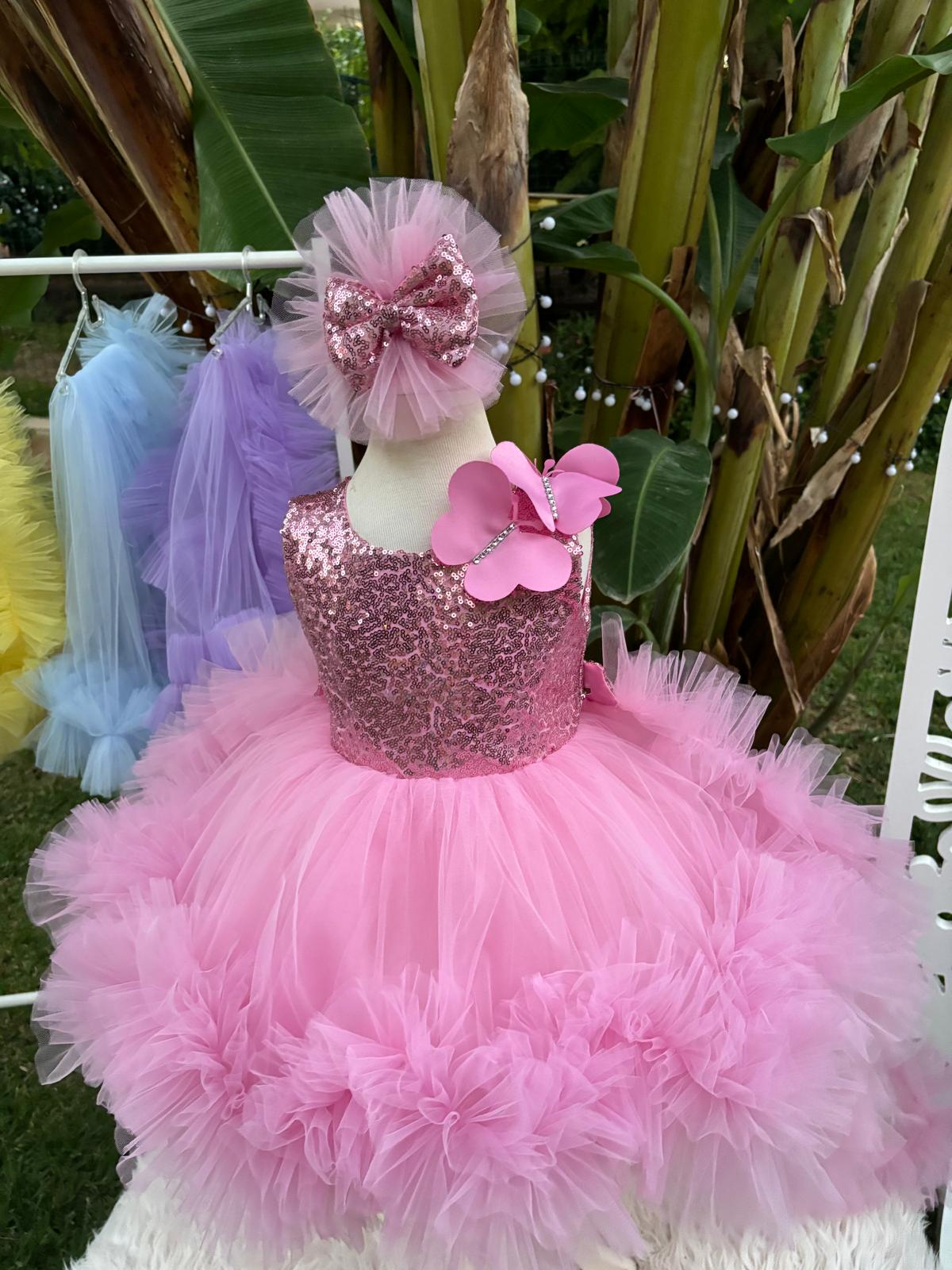 Pembe Kelebekli Kız Çocuk Abiye - Bebek Doğum Günü Elbisesi - ipeqakids – kız çocuk elbisesi
