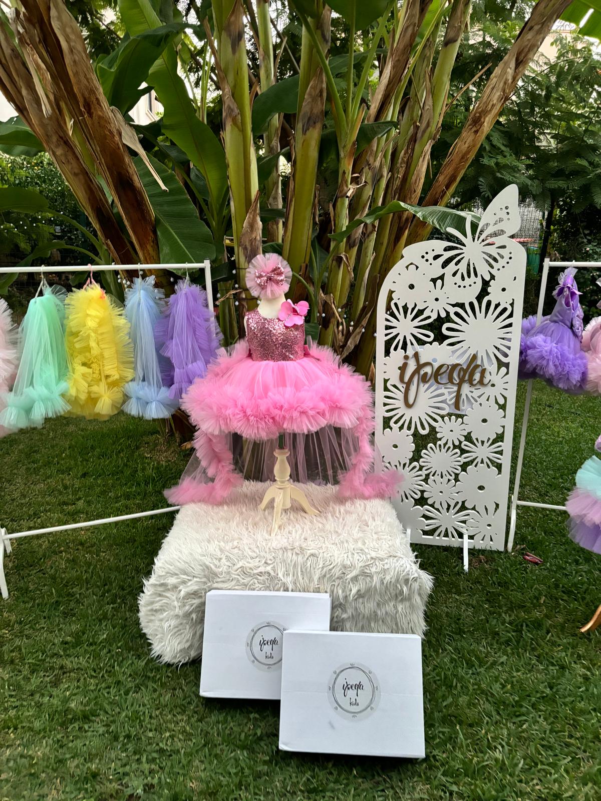 Pembe Kelebekli Kız Çocuk Abiye - Bebek Doğum Günü Elbisesi - ipeqakids – kız çocuk elbisesi