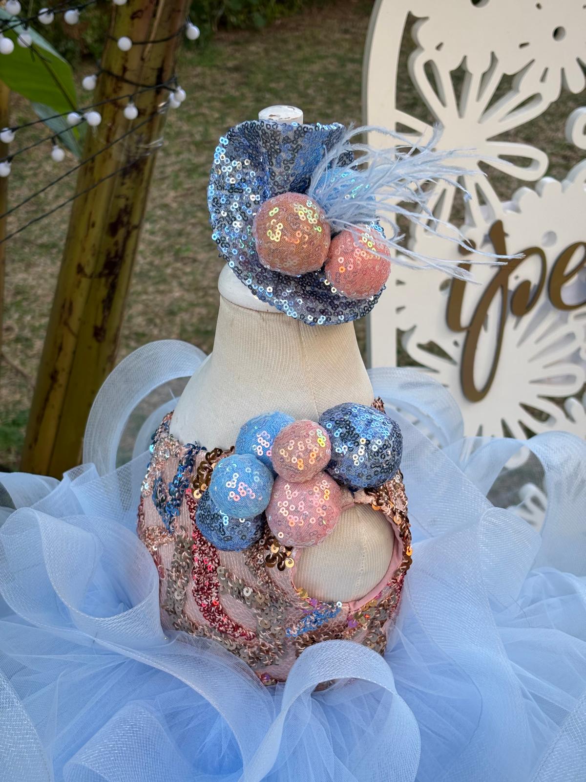 Mavi Somon Ponponlu Kız Çocuk Abiye - Bebek Parti Kostümü - ipeqakids – kız çocuk elbisesi