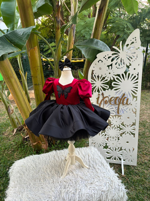 Bordo Kadife Kelebek Aplikli Kız Çocuk Abiye - Bebek Doğum Günü Elbisesi - ipeqakids – kız çocuk elbisesi