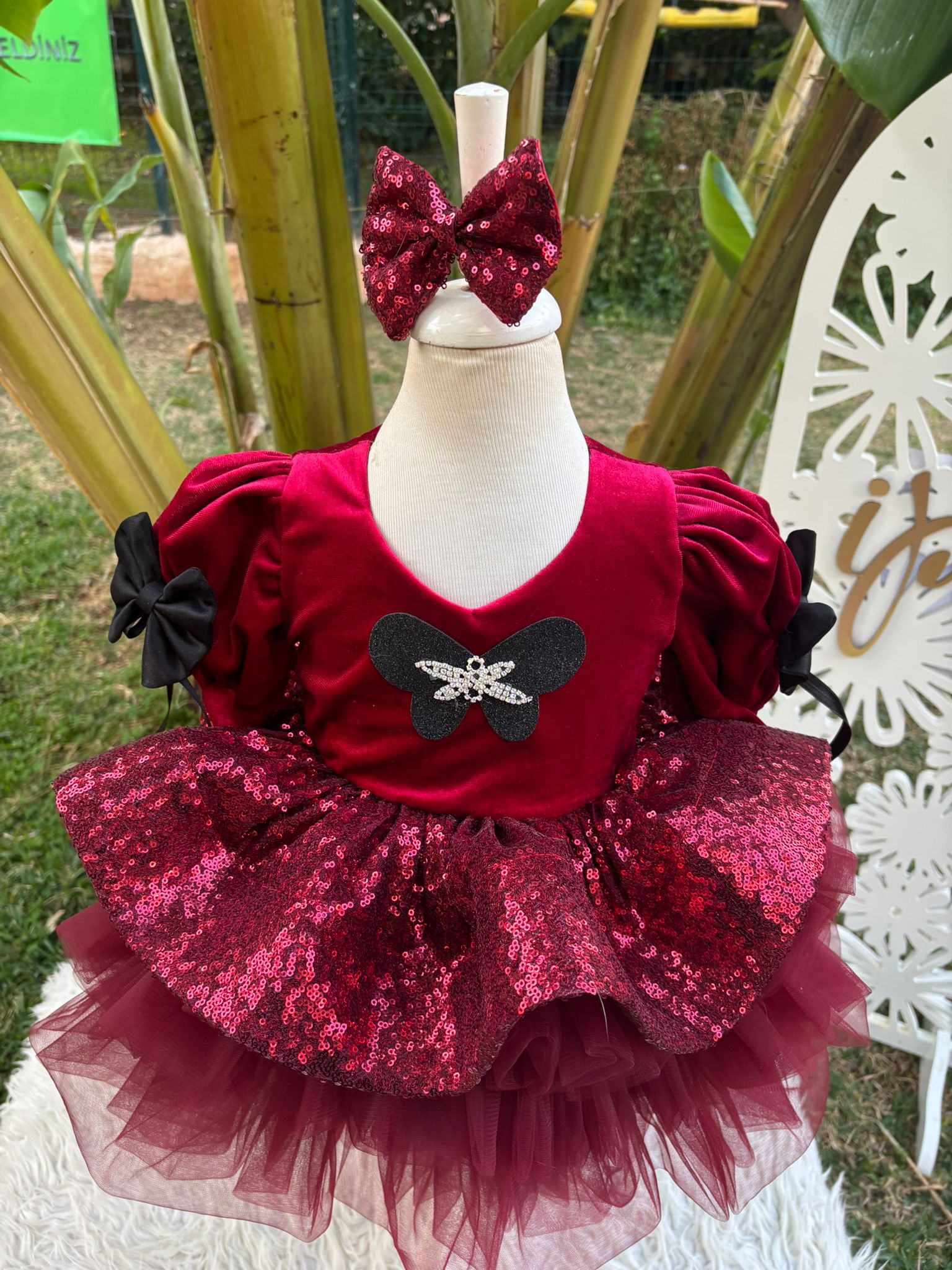 Bordo Kadife Kız Çocuk Abiye - Bebek Doğum Günü Elbisesi - ipeqakids – kız çocuk elbisesi