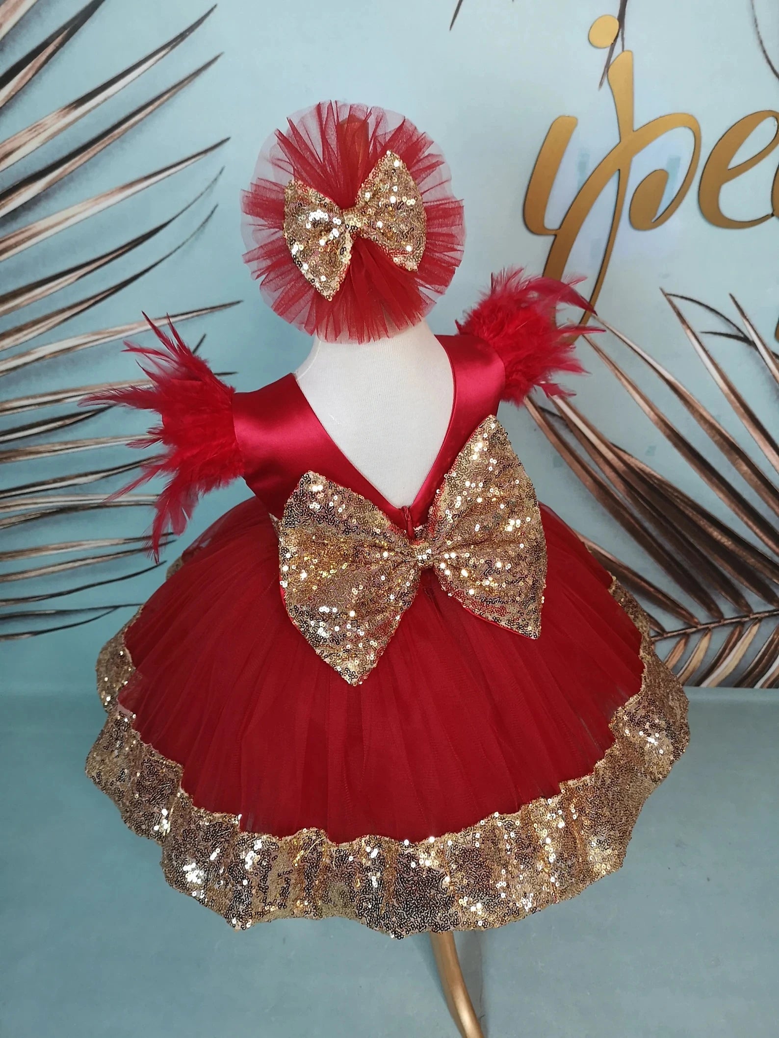 Kırmızı ve Altın Kız Çocuk Abiye - Bebek Parti Elbisesi - ipeqakids – kız çocuk elbisesi