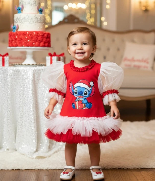 Yılbaşı Temalı Stitch Kırmızı Kız Çocuk Elbisesi - ipeqakids – kız çocuk elbisesi