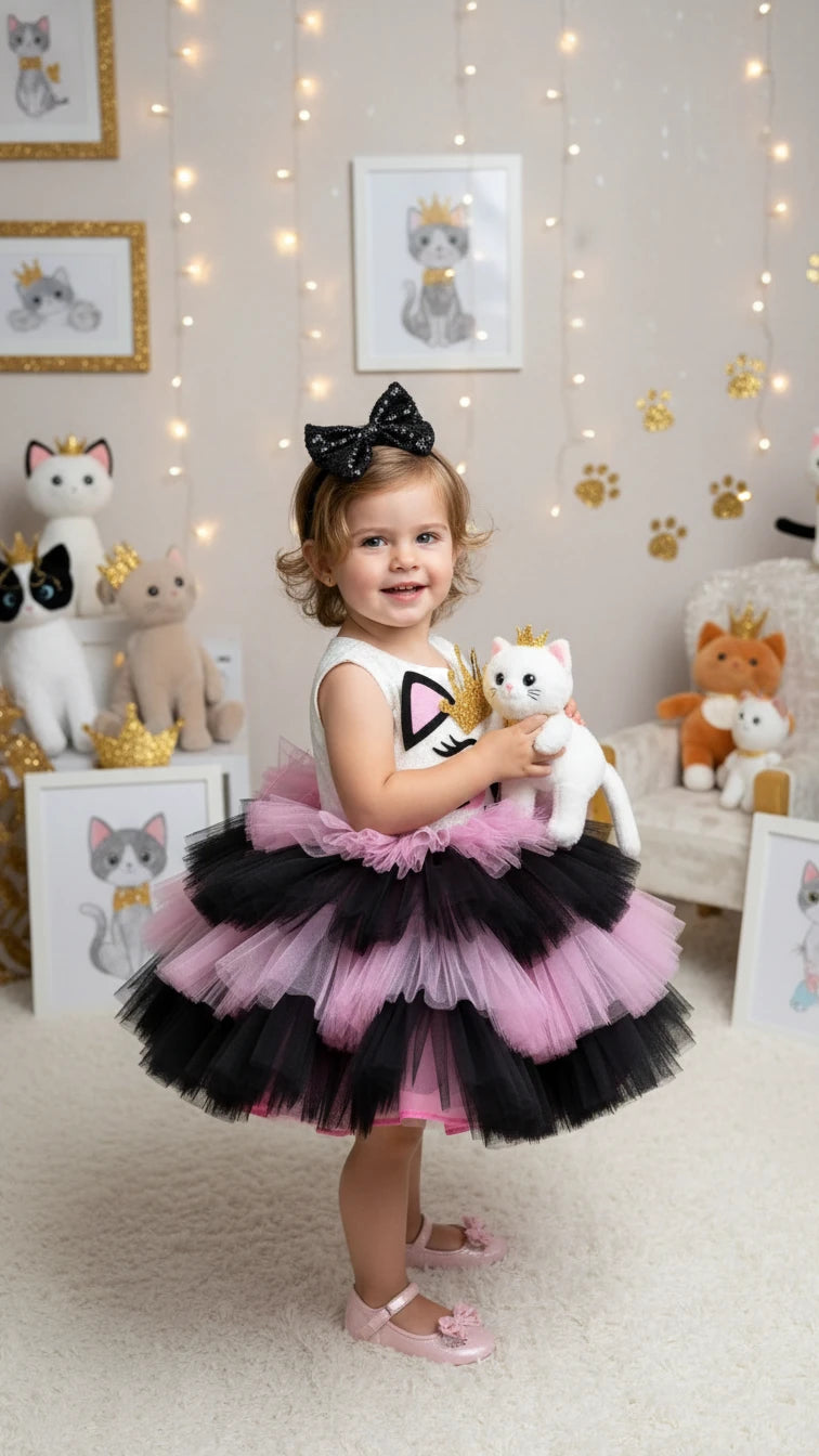 Kedili Kız Çocuk Doğumgünü Elbisesi - Bebek Parti Kostümü - ipeqakids – kız çocuk elbisesi