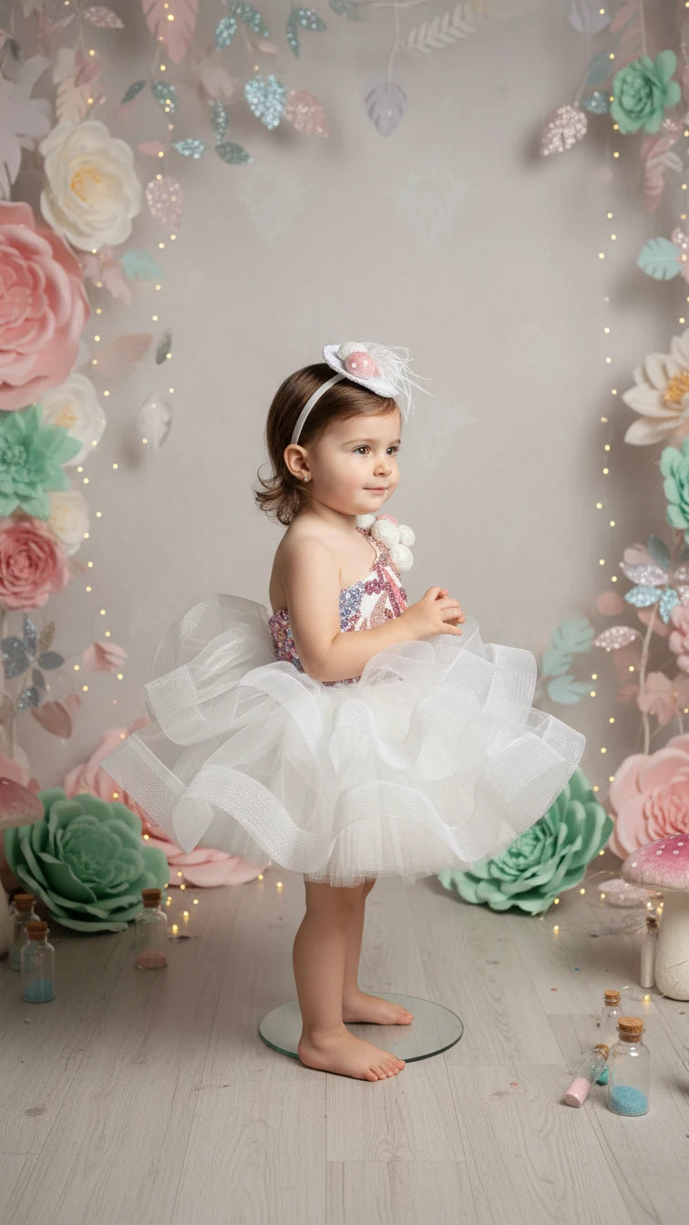 Beyaz Somon Ponponlu Kız Çocuk Abiye - Bebek Parti Kostümü - ipeqakids – kız çocuk elbisesi