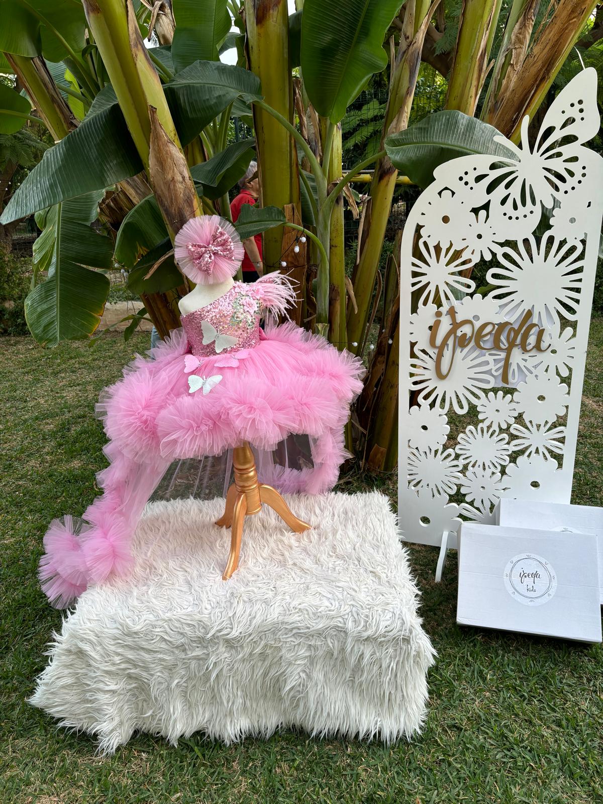 Pembe Kelebekli Gipürlü Kız Çocuk Abiye - Bebek Parti Kostümü - ipeqakids – kız çocuk elbisesi