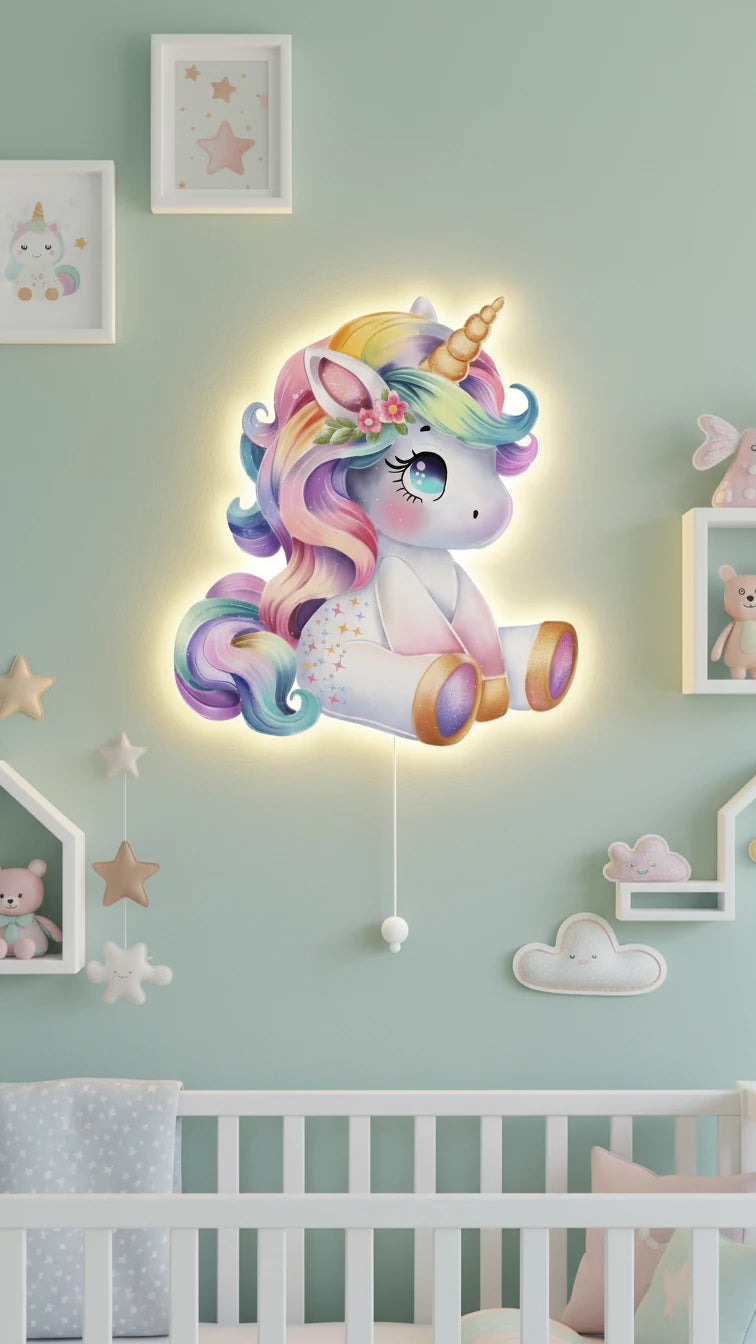 Unicorn Pilli Led Işıklı Bebek Odası Ahşap Duvar Dekoru - Gece Lambası – kız çocuk elbisesi