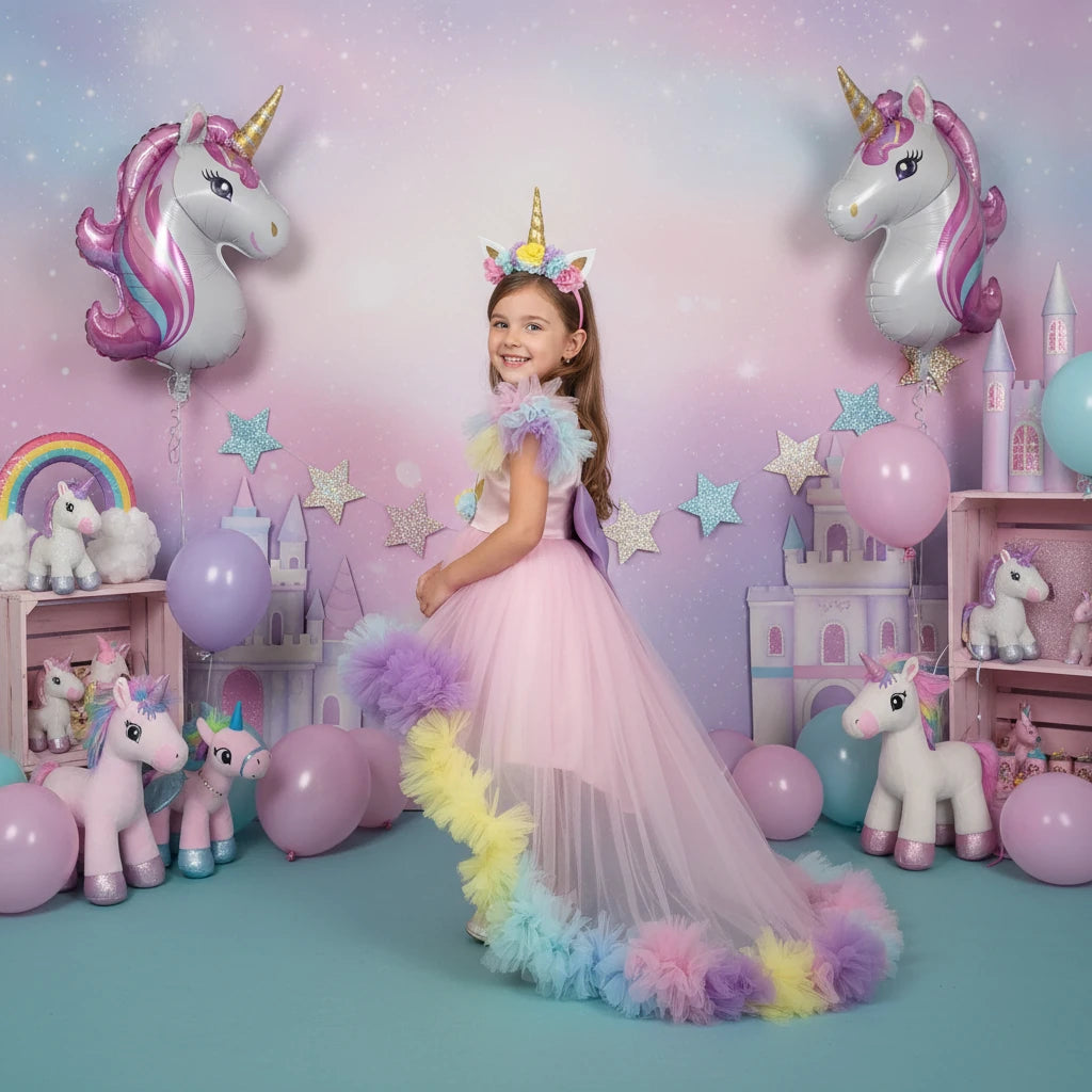 Unicorn Temalı Uzun Kuyruklu Doğumgünü Parti Elbisesi - Bebek Parti Kostümü - ipeqakids – kız çocuk elbisesi