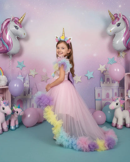 Unicorn Temalı Uzun Kuyruklu Doğumgünü Parti Elbisesi - Bebek Parti Kostümü - ipeqakids – kız çocuk elbisesi
