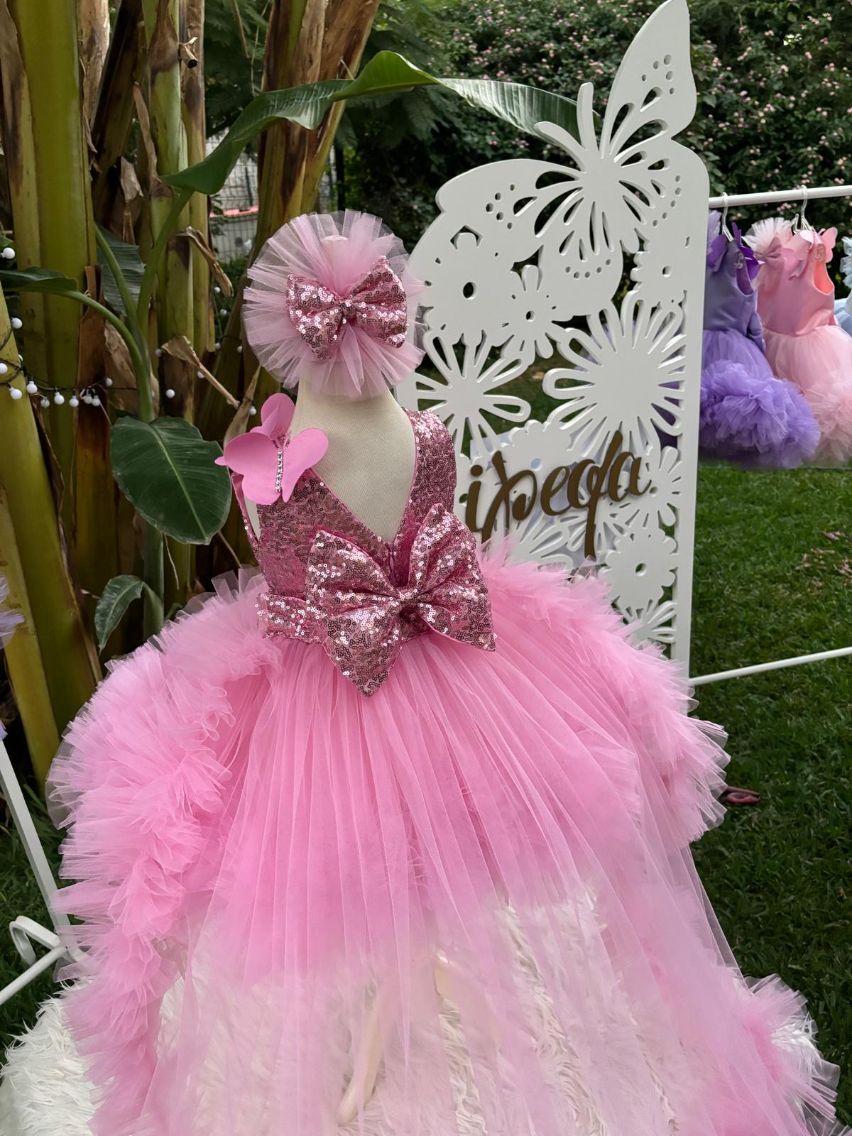 Pembe Kelebekli Kız Çocuk Abiye - Bebek Doğum Günü Elbisesi - ipeqakids – kız çocuk elbisesi