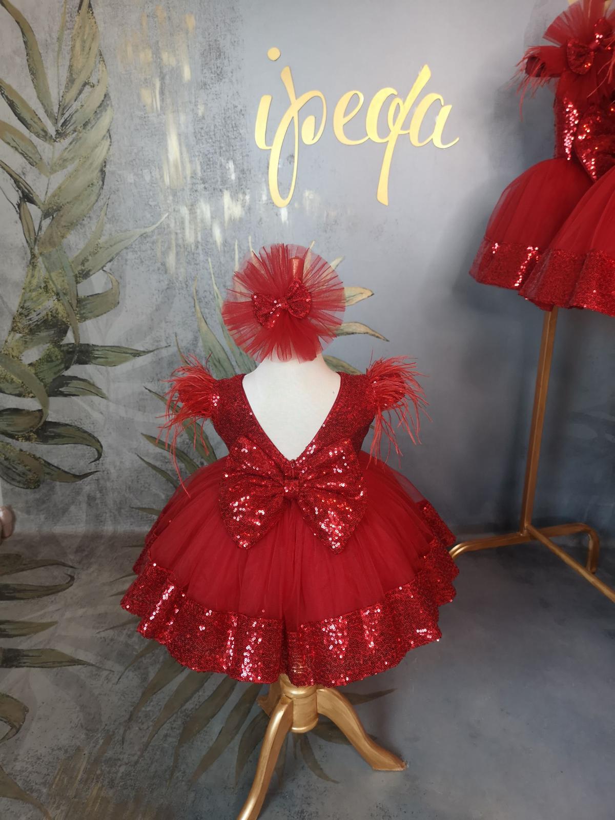 Kırmızı Payetli Tütülü Kız Çocuk Abiye - Bebek Doğum Günü Elbisesi - ipeqakids – kız çocuk elbisesi