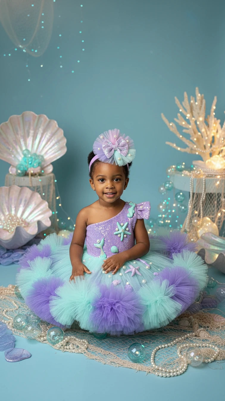 Deniz kızı Temalı Yeşil Lila Doğumgünü Parti Elbisesi - Bebek Parti Kostümü - ipeqakids – kız çocuk elbisesi