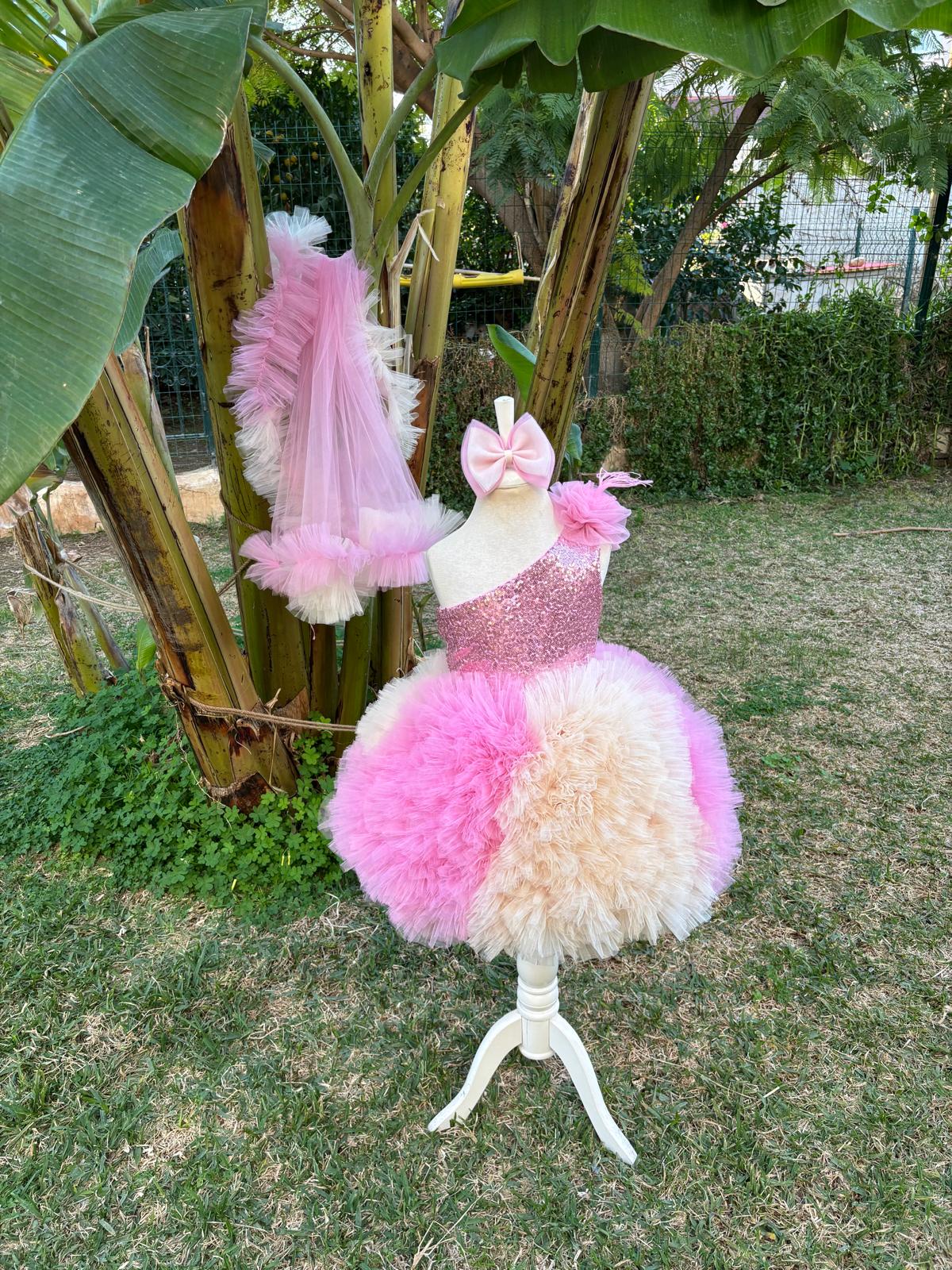 Pembe Bej Tütülü Kız Çocuk Abiye - Bebek Parti Kostümü - ipeqakids – kız çocuk elbisesi