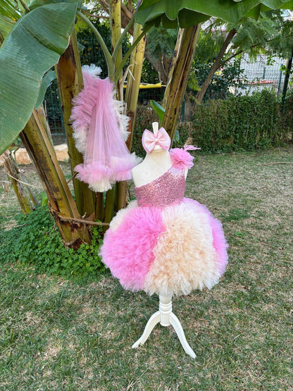 Pembe Bej Tütülü Kız Çocuk Abiye - Bebek Parti Kostümü - ipeqakids – kız çocuk elbisesi