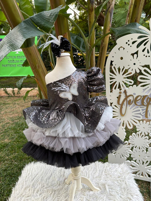 Antrasit Payetli Kız Çocuk Abiye - Bebek Doğum Günü Elbisesi - ipeqakids – kız çocuk elbisesi