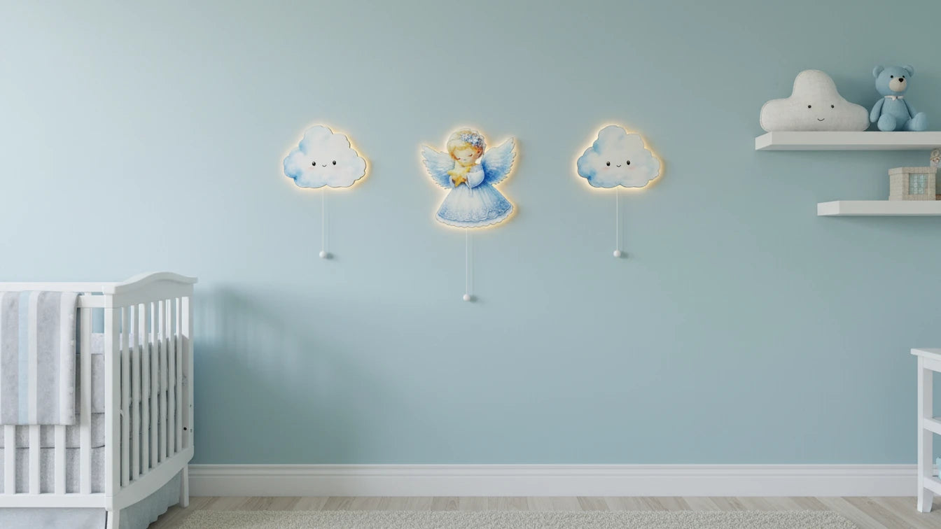 Melek Balon Bulut Seti Pilli Led Işıklı Bebek Odası Ahşap Duvar Dekoru - Gece Lambası – kız çocuk elbisesi