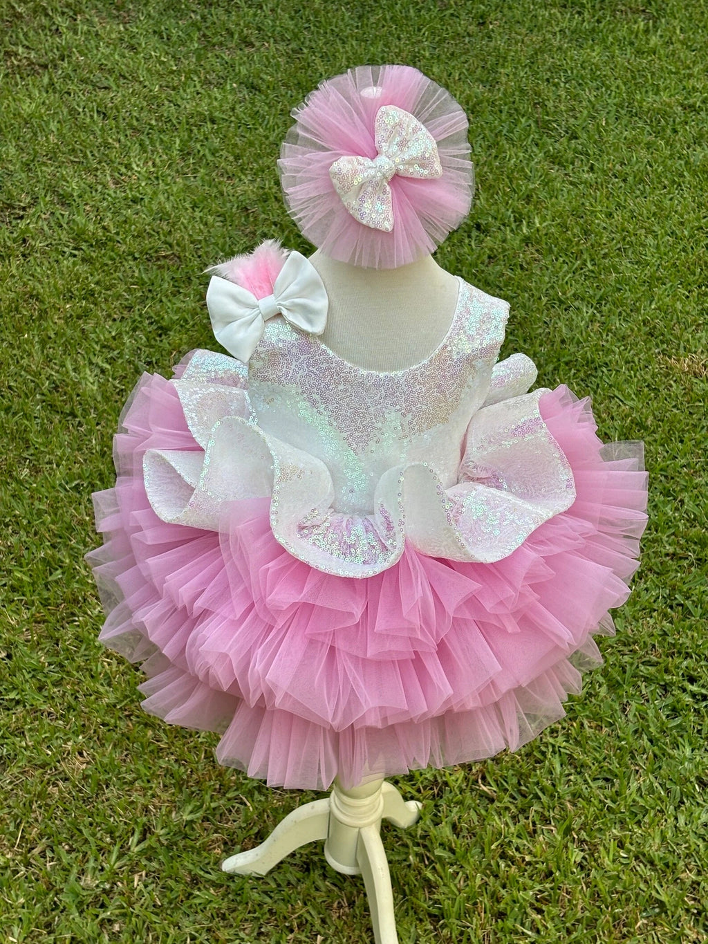 Beyaz Pembe Payetli Kız Çocuk Abiye – kız çocuk elbisesi